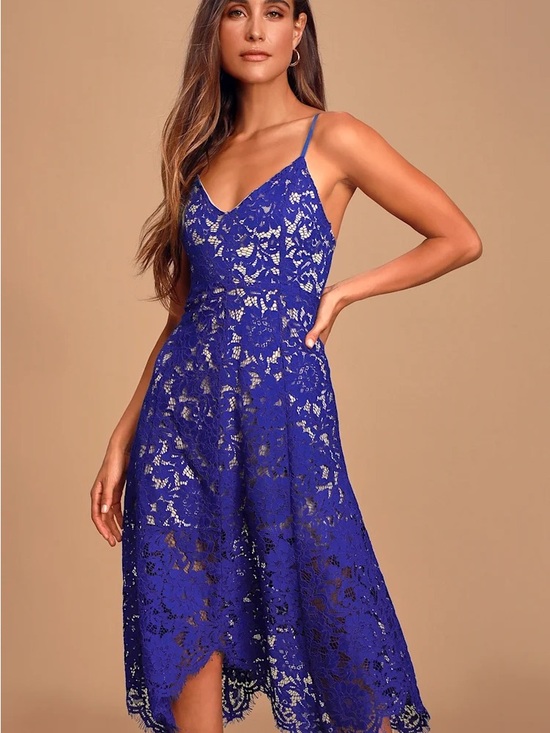 Lulus Dresses & Skirts - Lulu's Royal Blue Lace Midi Dress with Spaghetti Straps